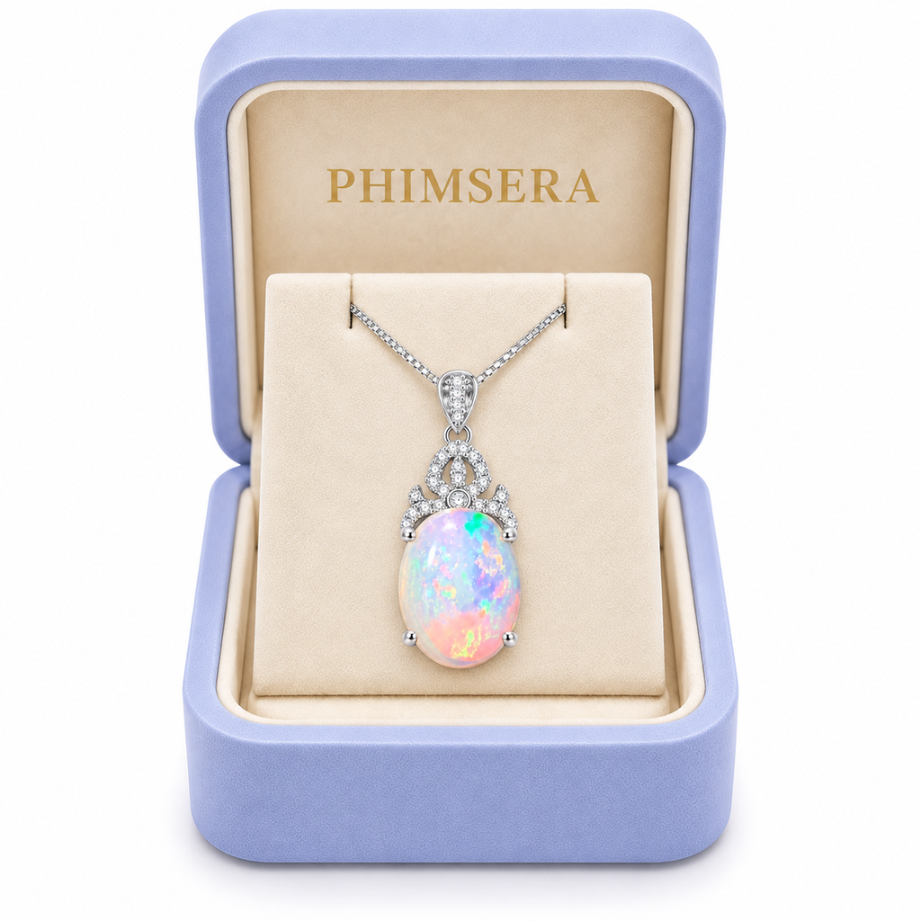Phimsera natural 10x14mm fire opal pendant necklace presented in a jewelry gift box