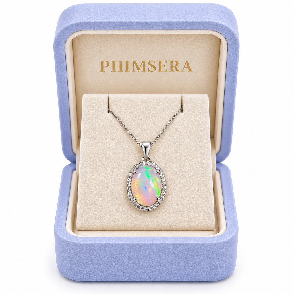 Phimsera natural 8x10mm fire opal pendant necklace presented in a jewelry gift box