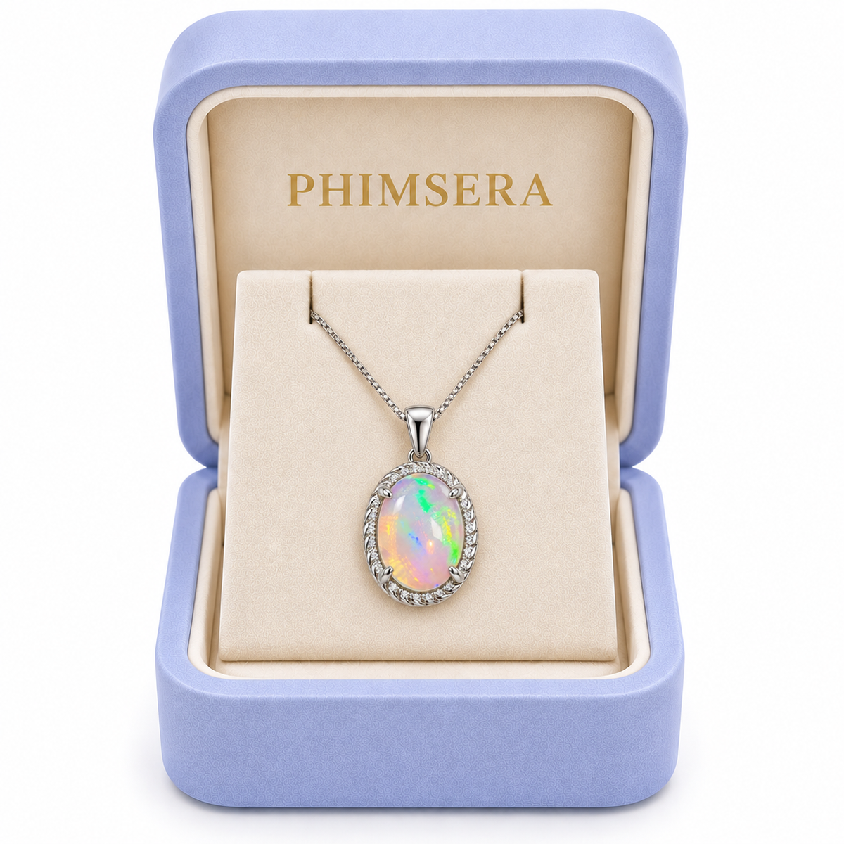 Phimsera natural 8x10mm fire opal pendant necklace presented in a jewelry gift box