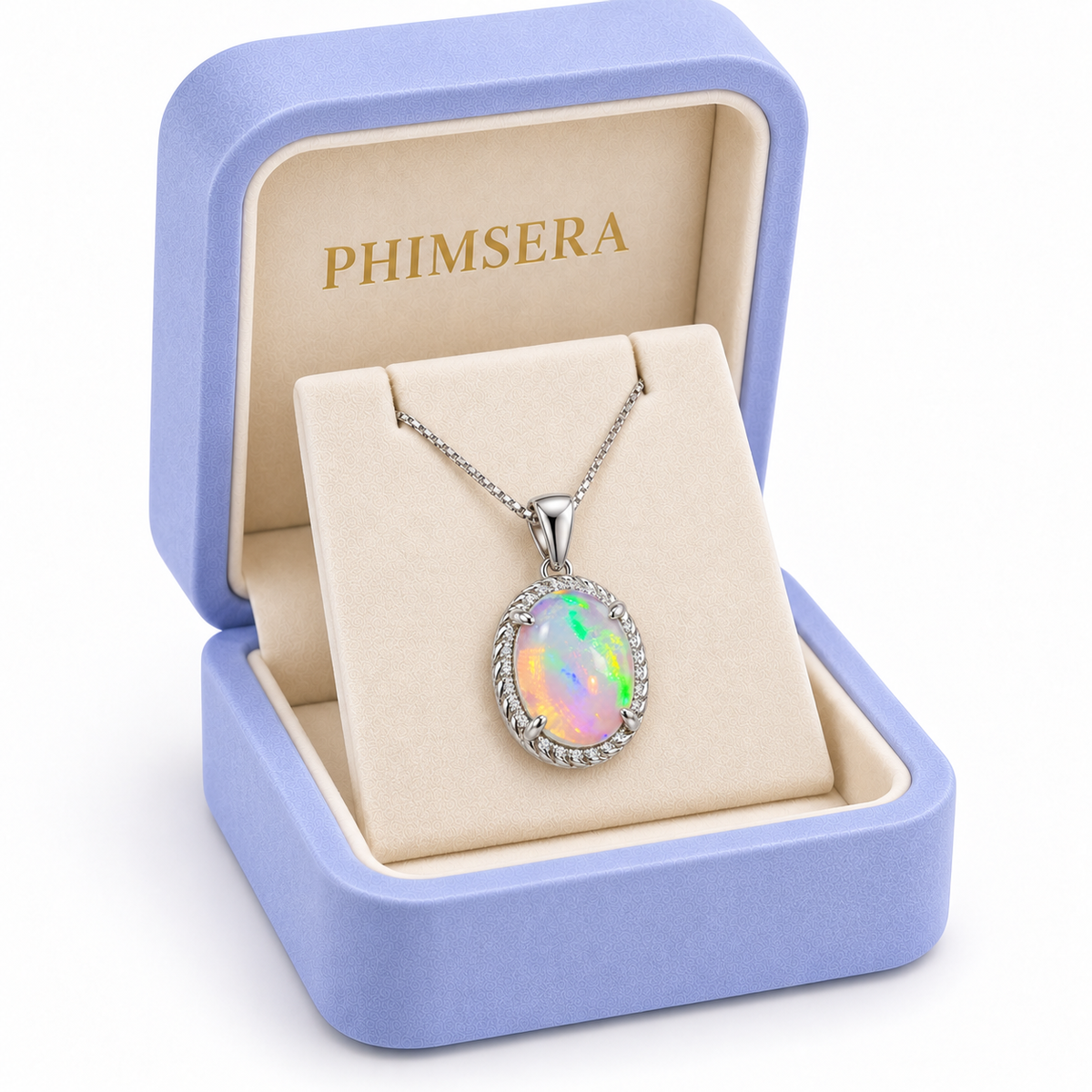 Phimsera natural 8x10mm fire opal pendant necklace presented in a jewelry gift box