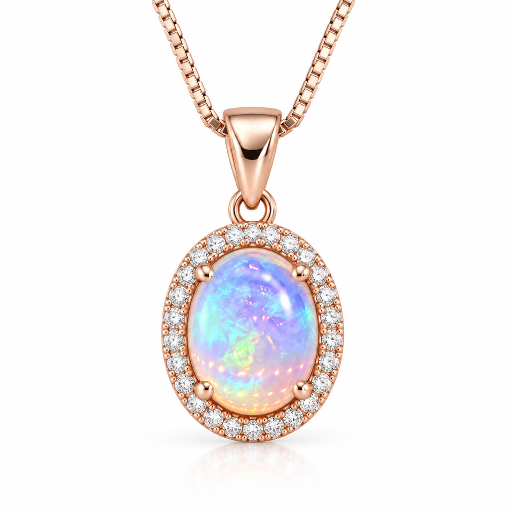 Natural 8x10mm oval fire opal necklace in 925 sterling silver with rose gold plating