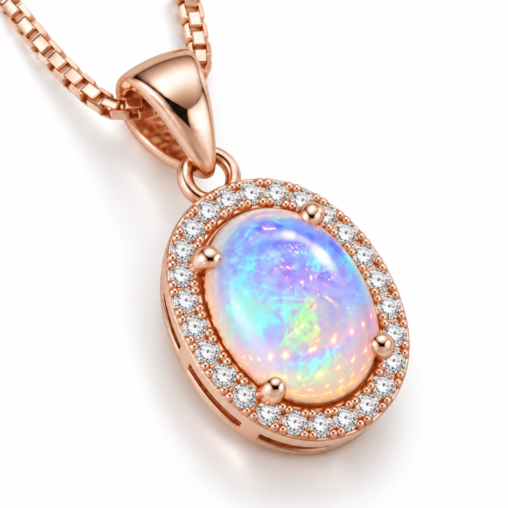 Natural 8x10mm oval fire opal pendant necklace with colorful natural play-of-color
