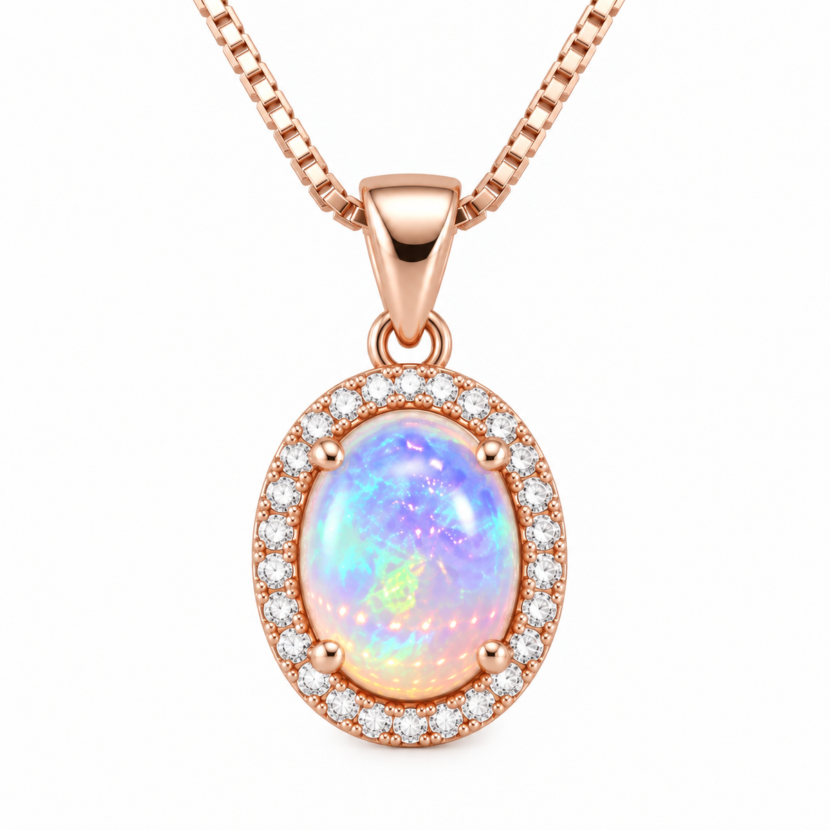 8x10mm natural fire opal necklace showing oval gemstone and sparkling halo setting