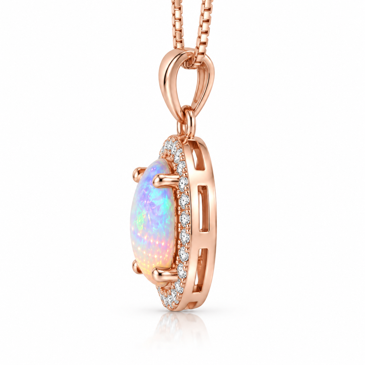 Rose gold 8x10mm natural fire opal pendant necklace with clear accent stone halo