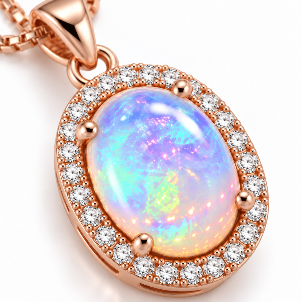 Close-up of natural 8x10mm oval fire opal showing colorful blue purple pink and green play-of-color