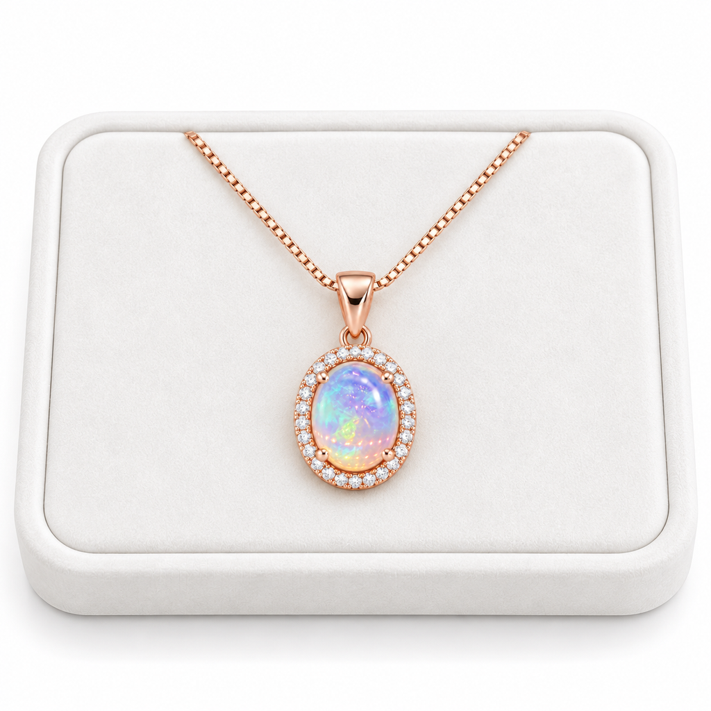 Natural 8x10mm oval fire opal necklace displayed on a white velvet jewelry tray