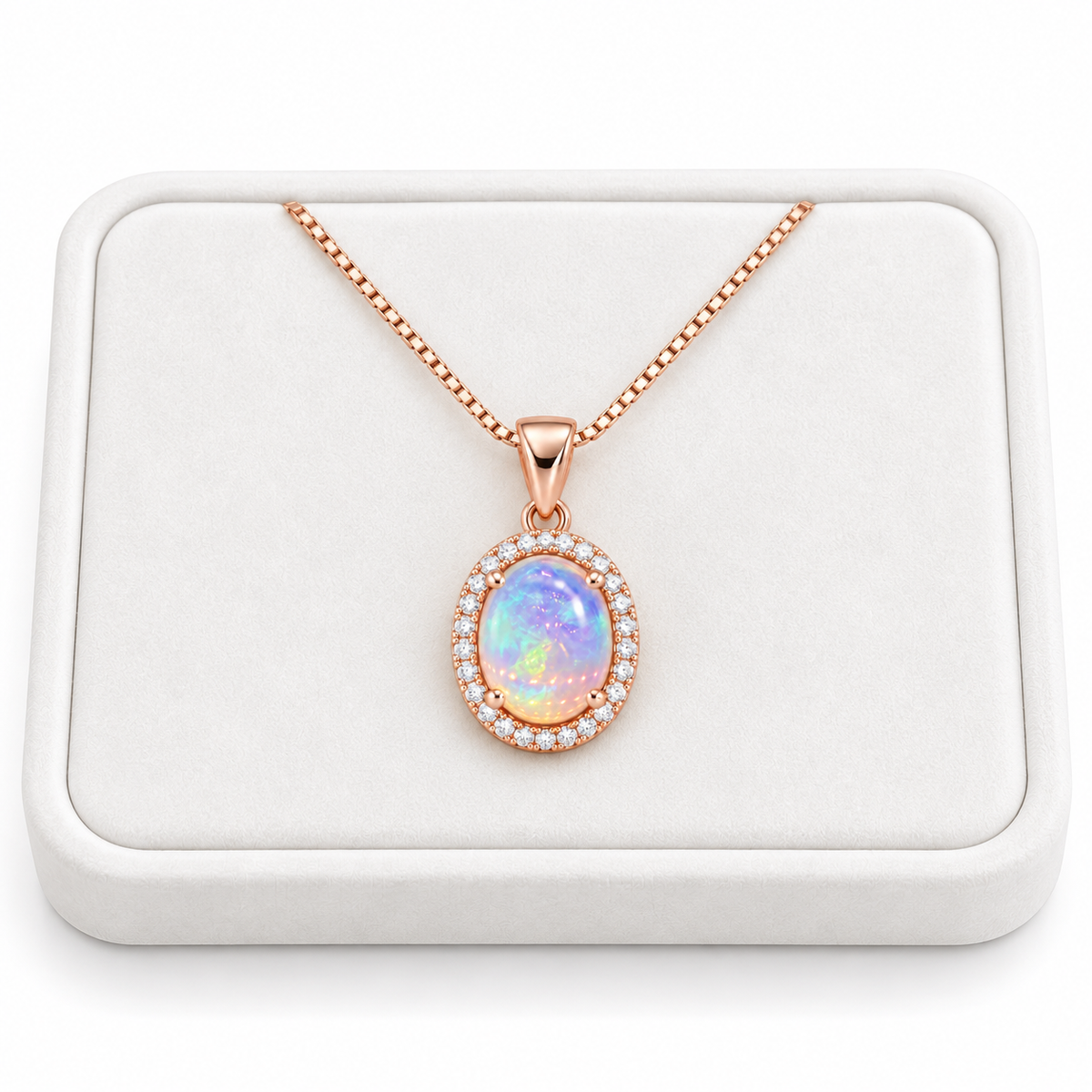 Natural 8x10mm oval fire opal necklace displayed on a white velvet jewelry tray