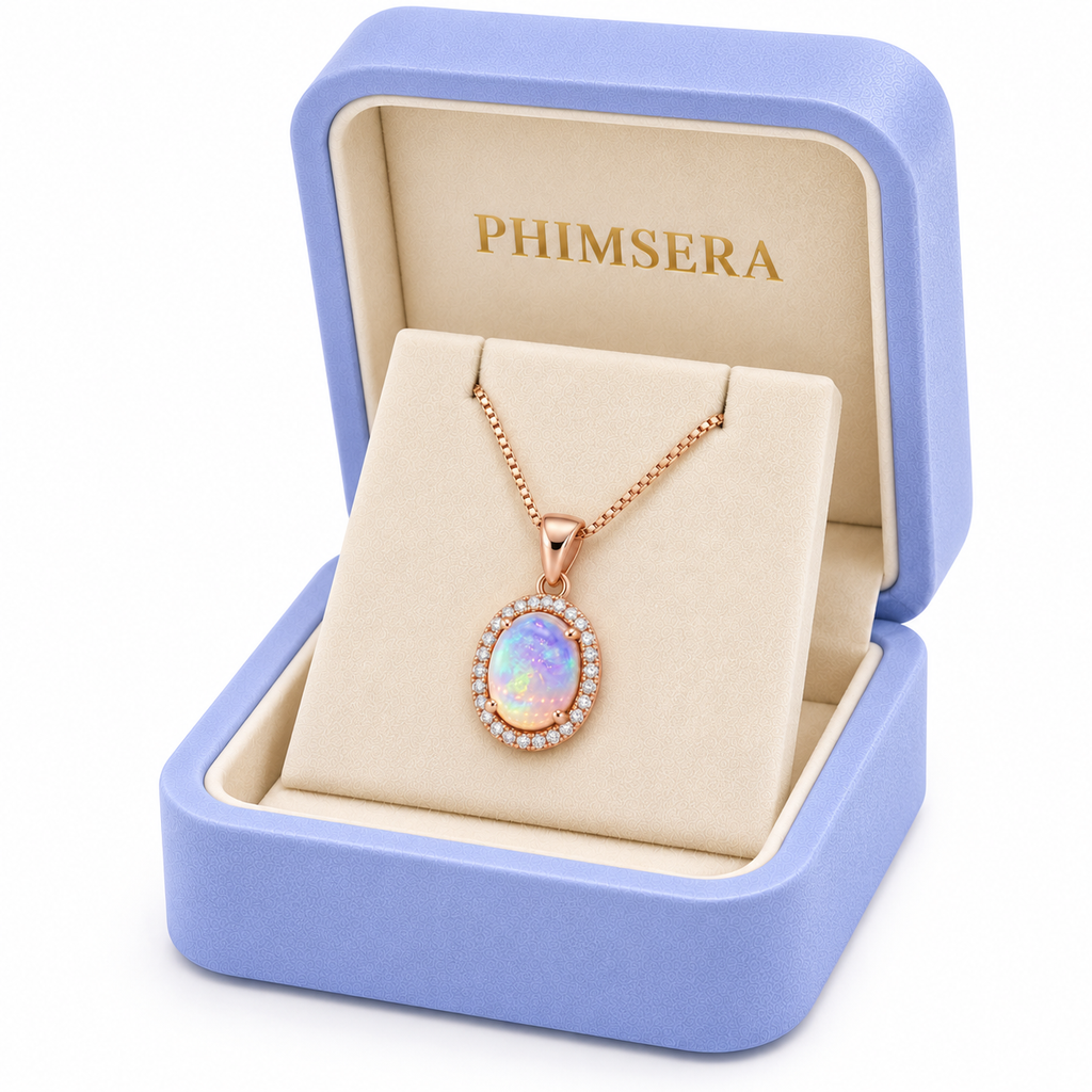 Phimsera natural 8x10mm fire opal necklace presented in a jewelry gift box