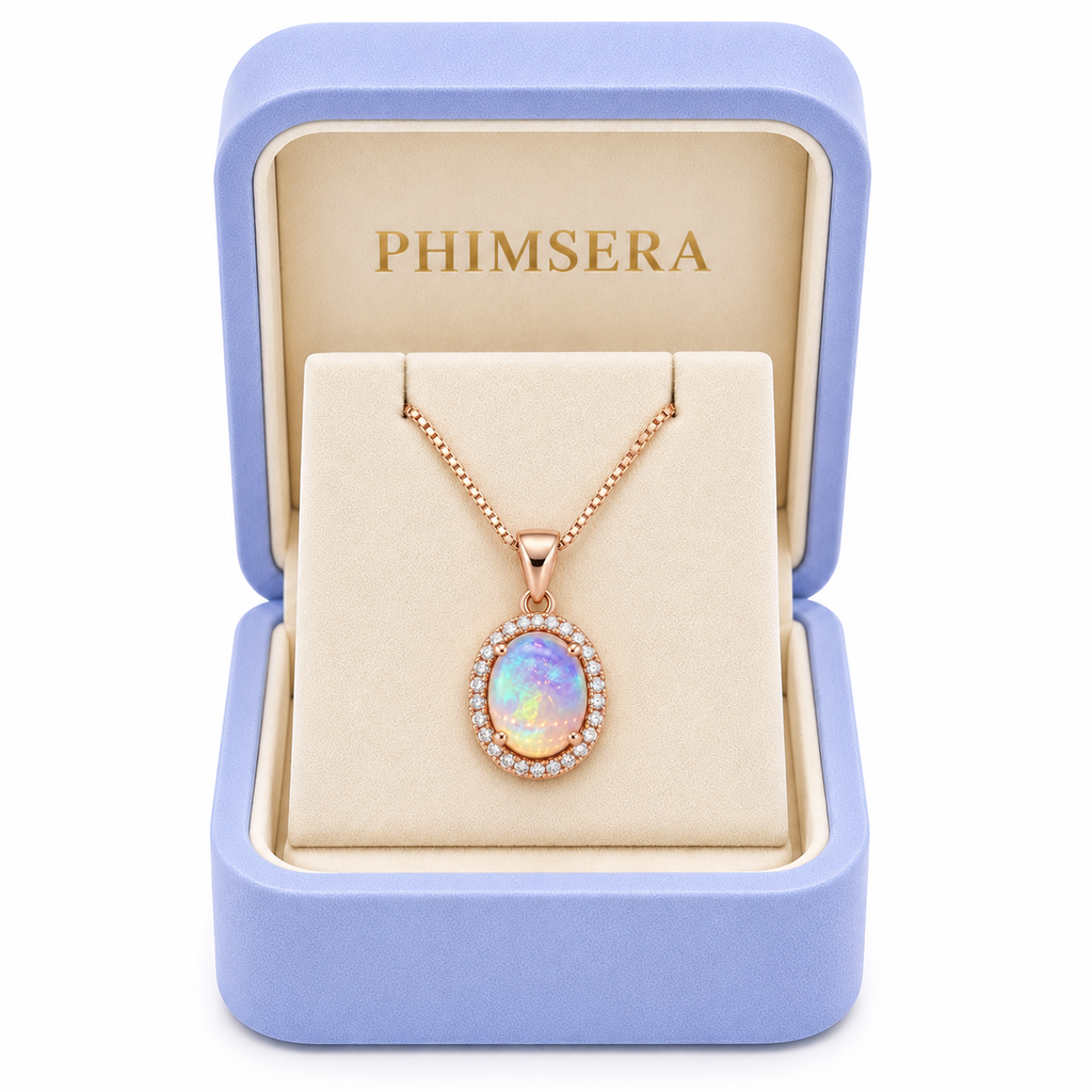 Phimsera natural 8x10mm fire opal necklace presented in a jewelry gift box