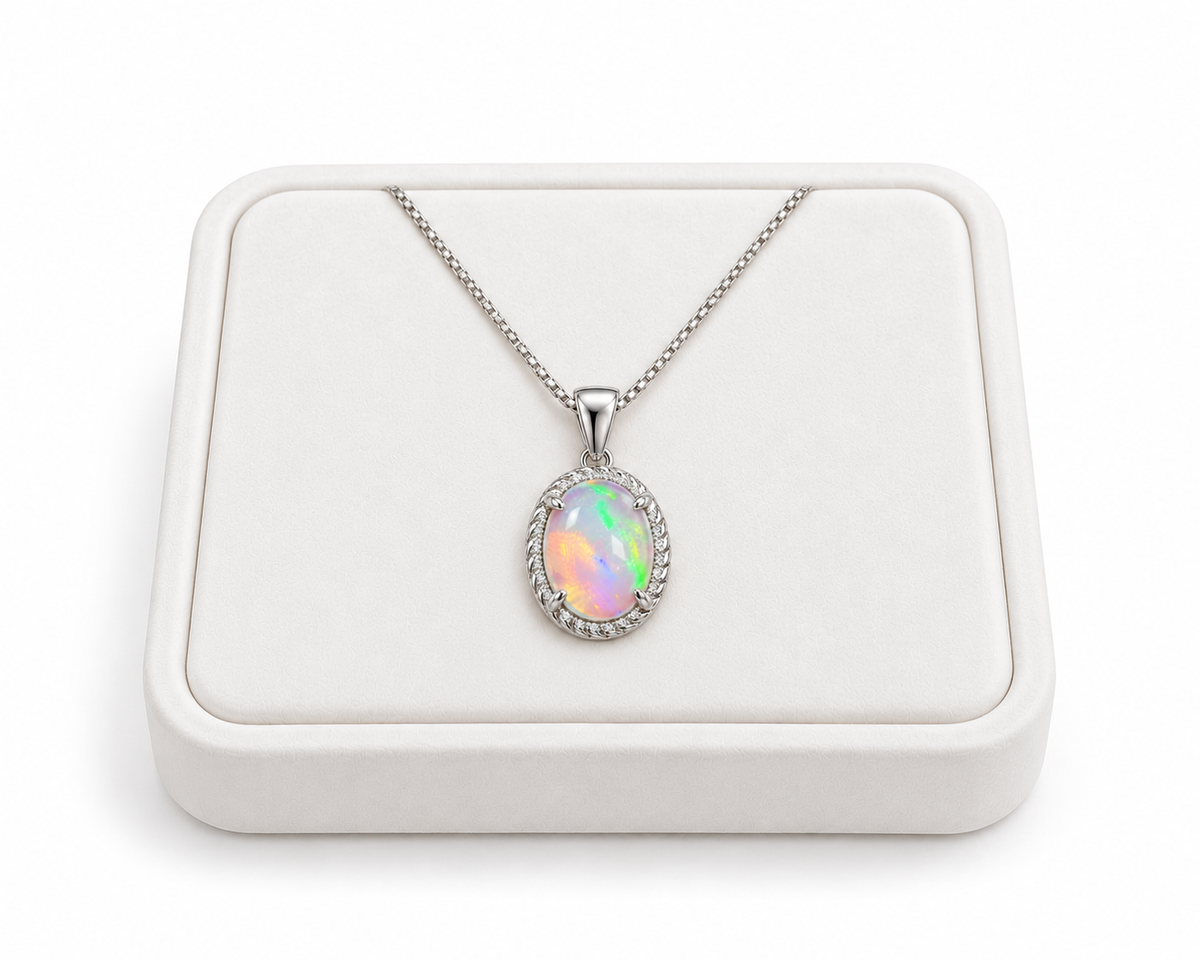 Natural 8x10mm oval fire opal pendant displayed on a white velvet jewelry tray