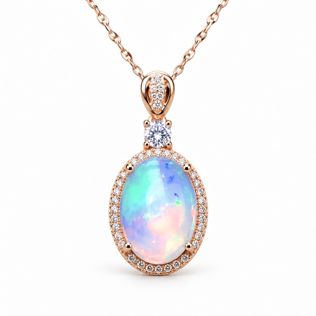 Natural 10x14mm oval fire opal necklace with colorful play-of-color and gold plated halo setting