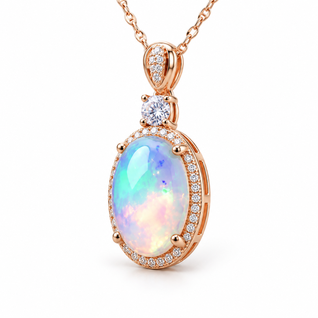 10x14mm oval fire opal necklace shown from an elegant angled view with sparkling halo