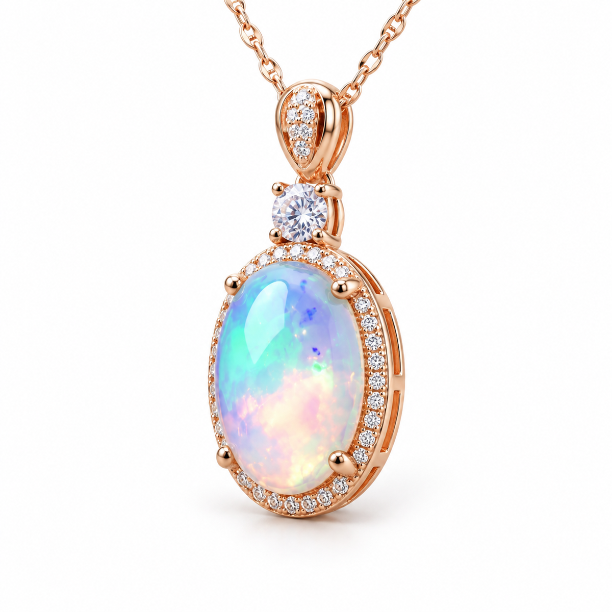 10x14mm oval fire opal necklace shown from an elegant angled view with sparkling halo