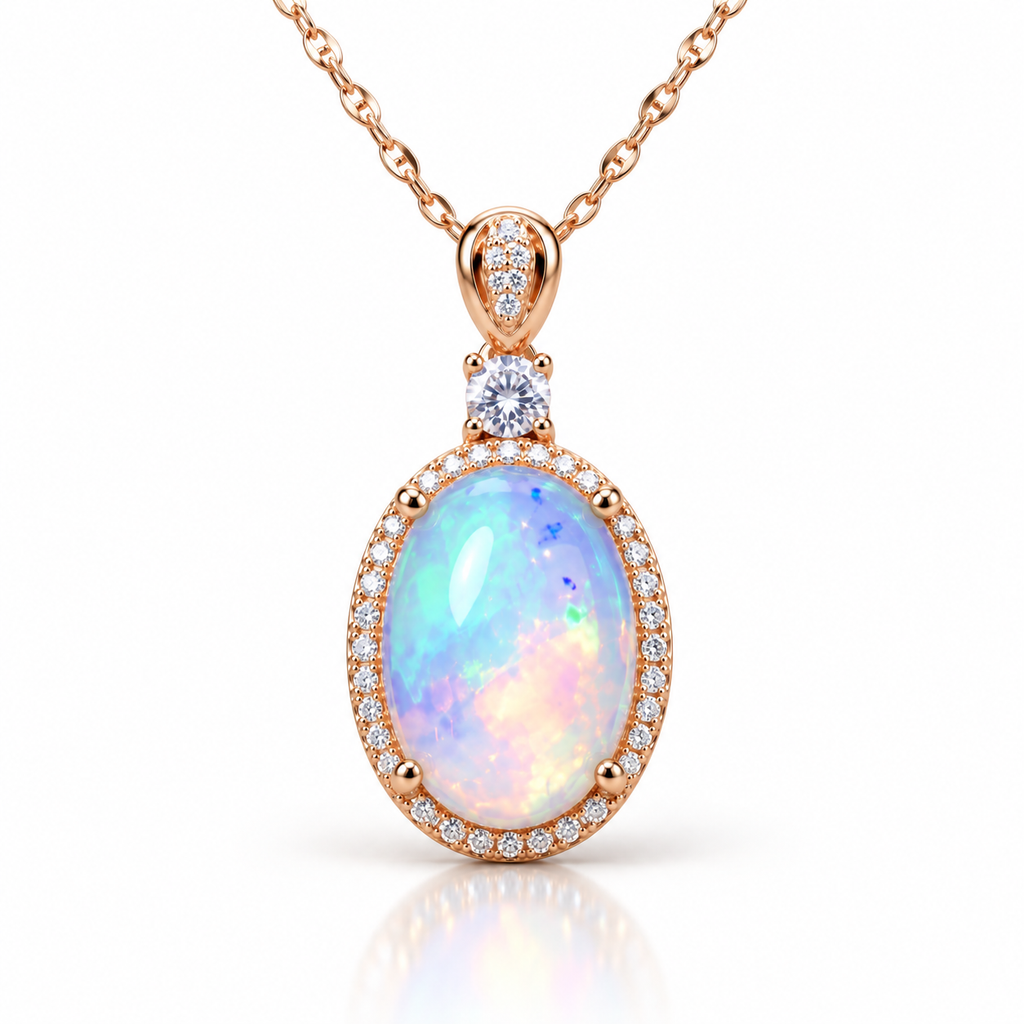 Natural fire opal pendant necklace featuring a luminous 10x14mm oval centerpiece