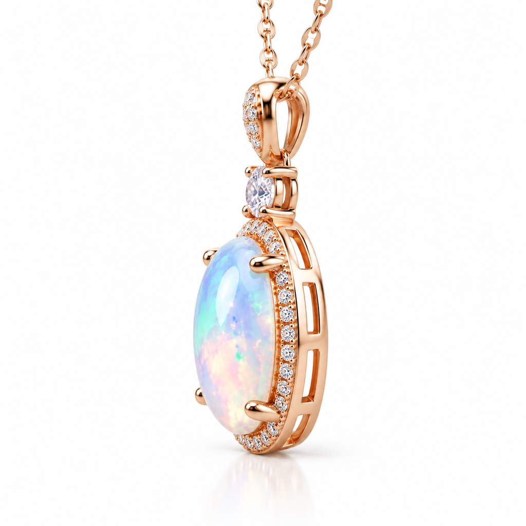 Side profile of 10x14mm oval fire opal necklace showing the pendant setting and raised opal