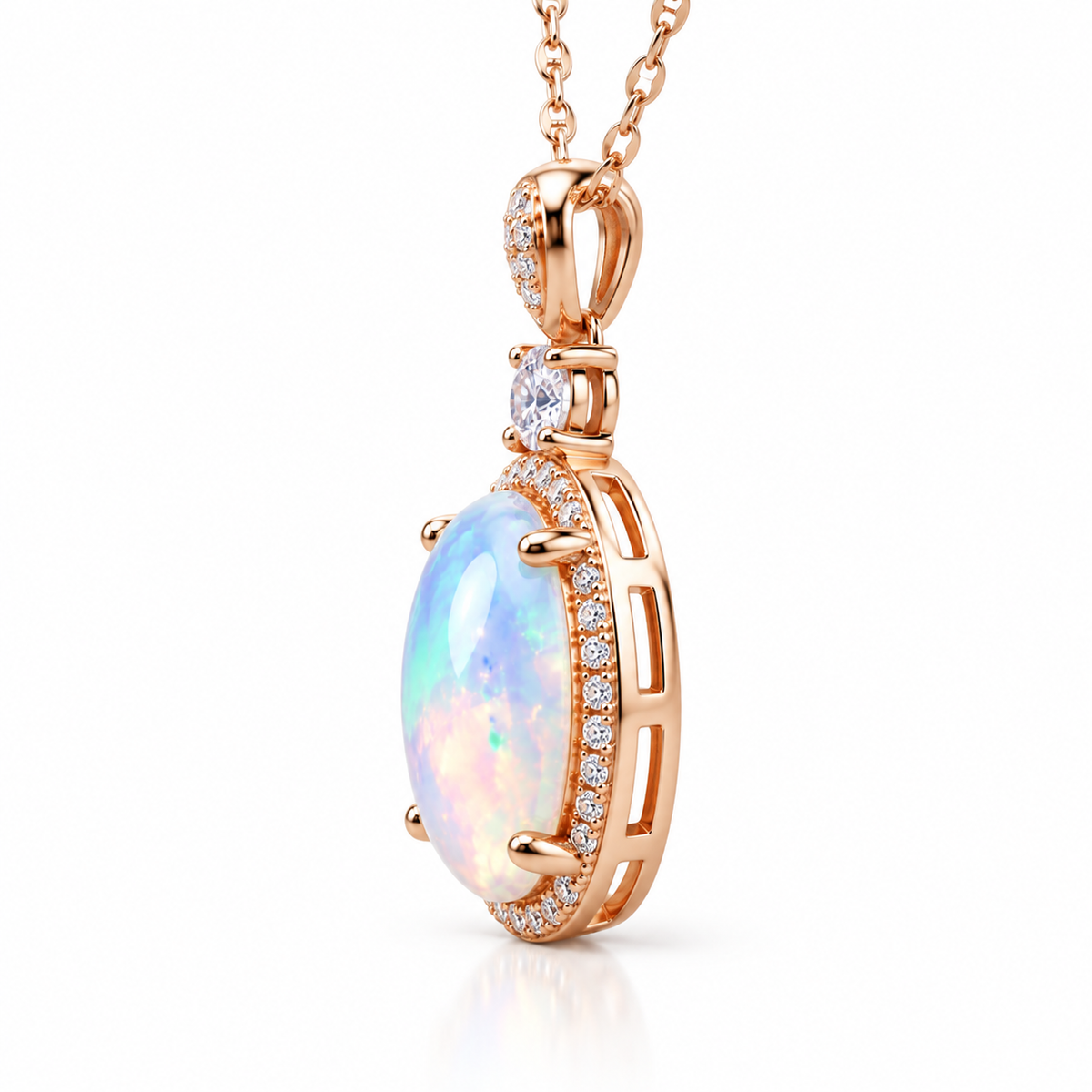 Side profile of 10x14mm oval fire opal necklace showing the pendant setting and raised opal