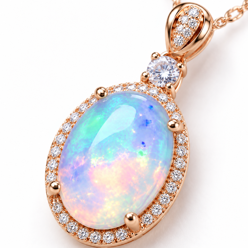 Close-up of natural 10x14mm fire opal showing aqua, green, blue and soft pink color play