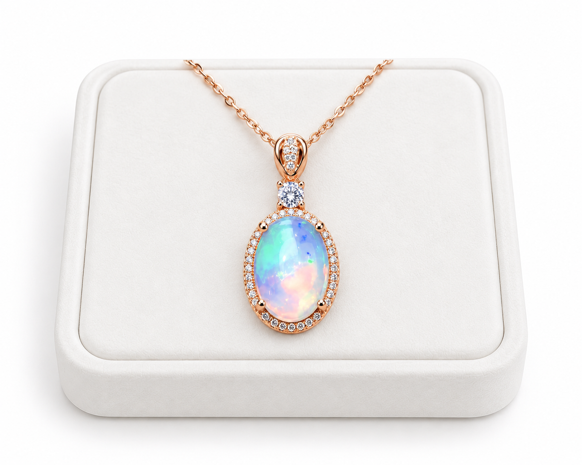 Natural 10x14mm fire opal necklace displayed on a white velvet jewelry tray