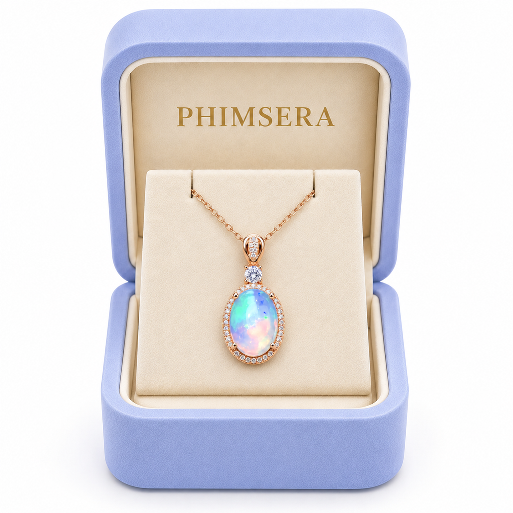 Natural 10x14mm fire opal necklace in Phimsera Box
