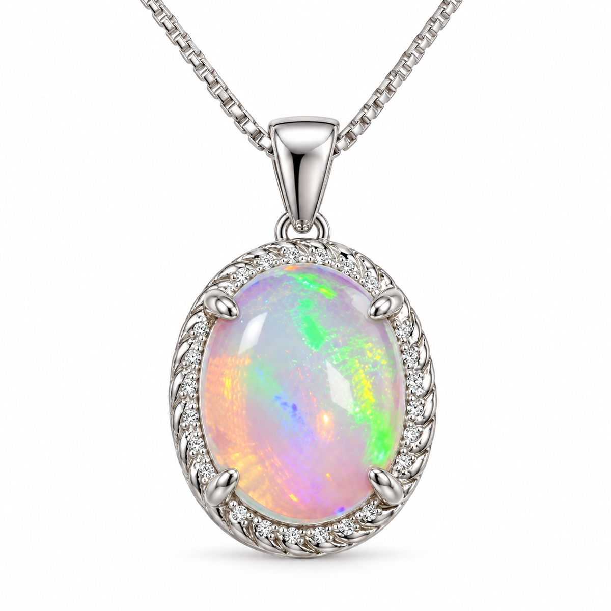Natural 8x10mm oval fire opal pendant necklace in 925 sterling silver with colorful play-of-color