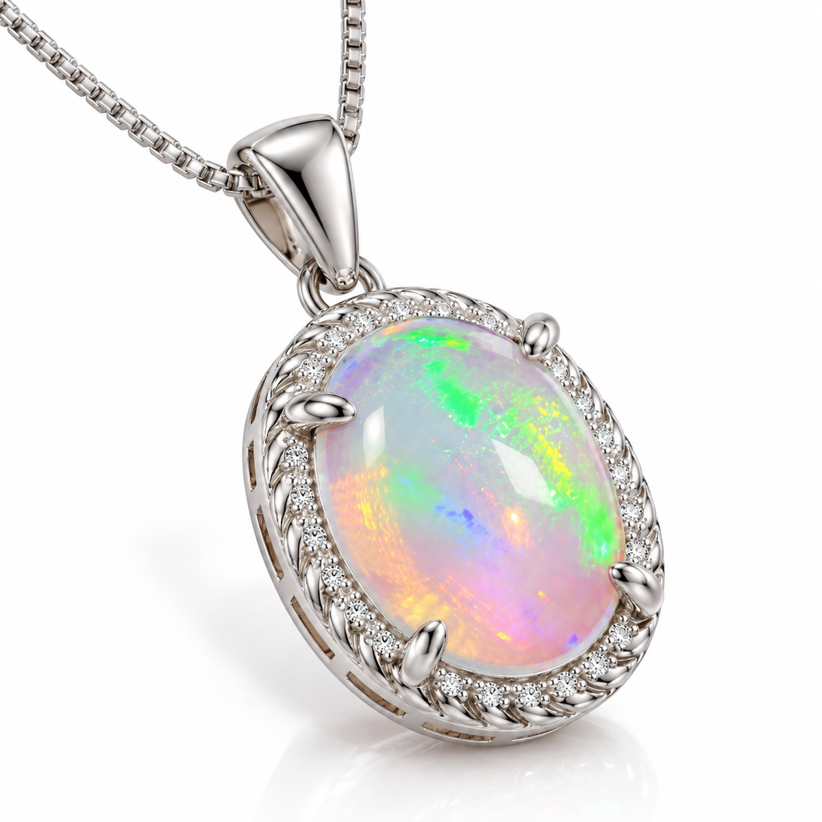 Natural 8x10mm oval fire opal pendant shown at an angled view with sterling silver halo and chain