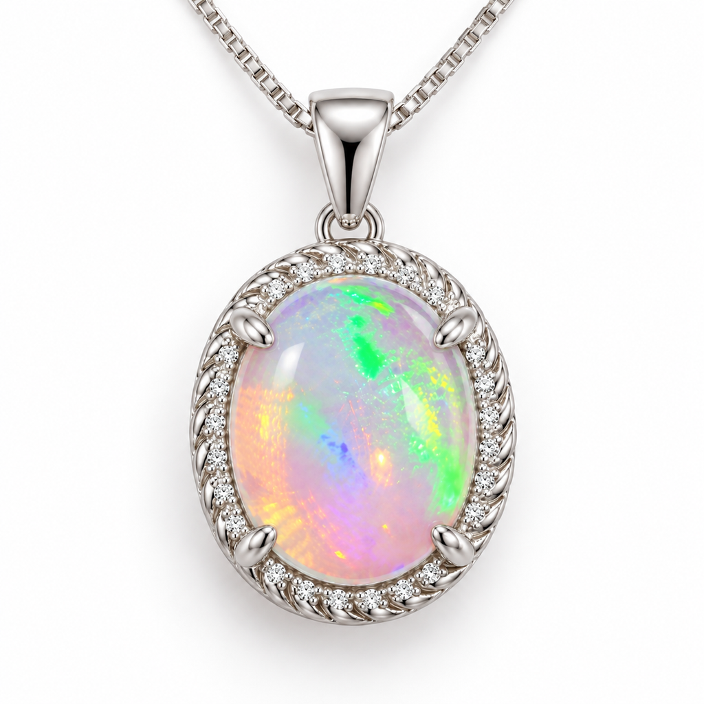 8x10mm oval natural fire opal pendant necklace with twisted sterling silver halo