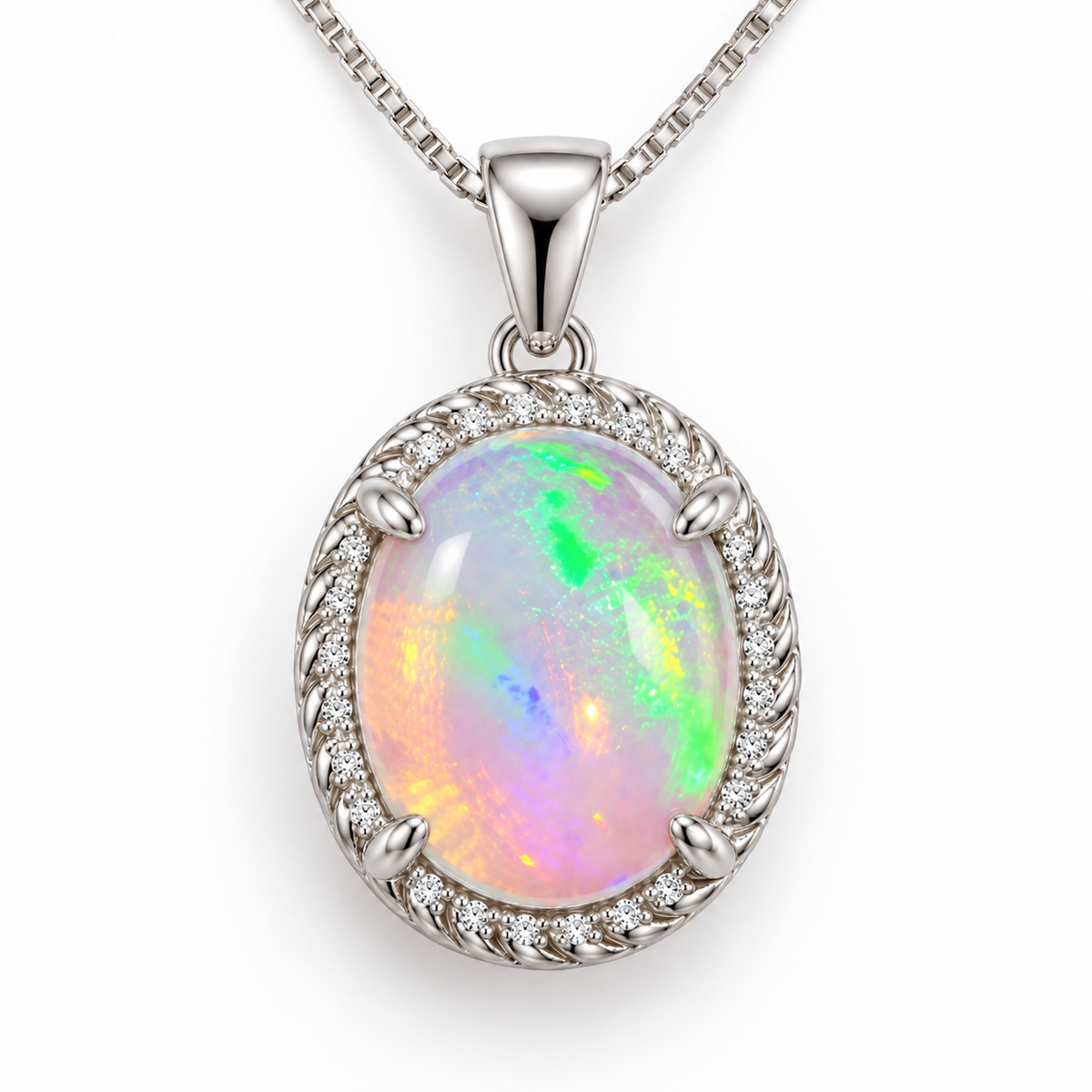 8x10mm oval natural fire opal pendant necklace with twisted sterling silver halo