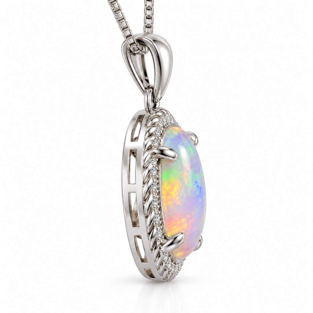 Side profile of 8x10mm natural fire opal pendant showing domed opal and sterling silver setting