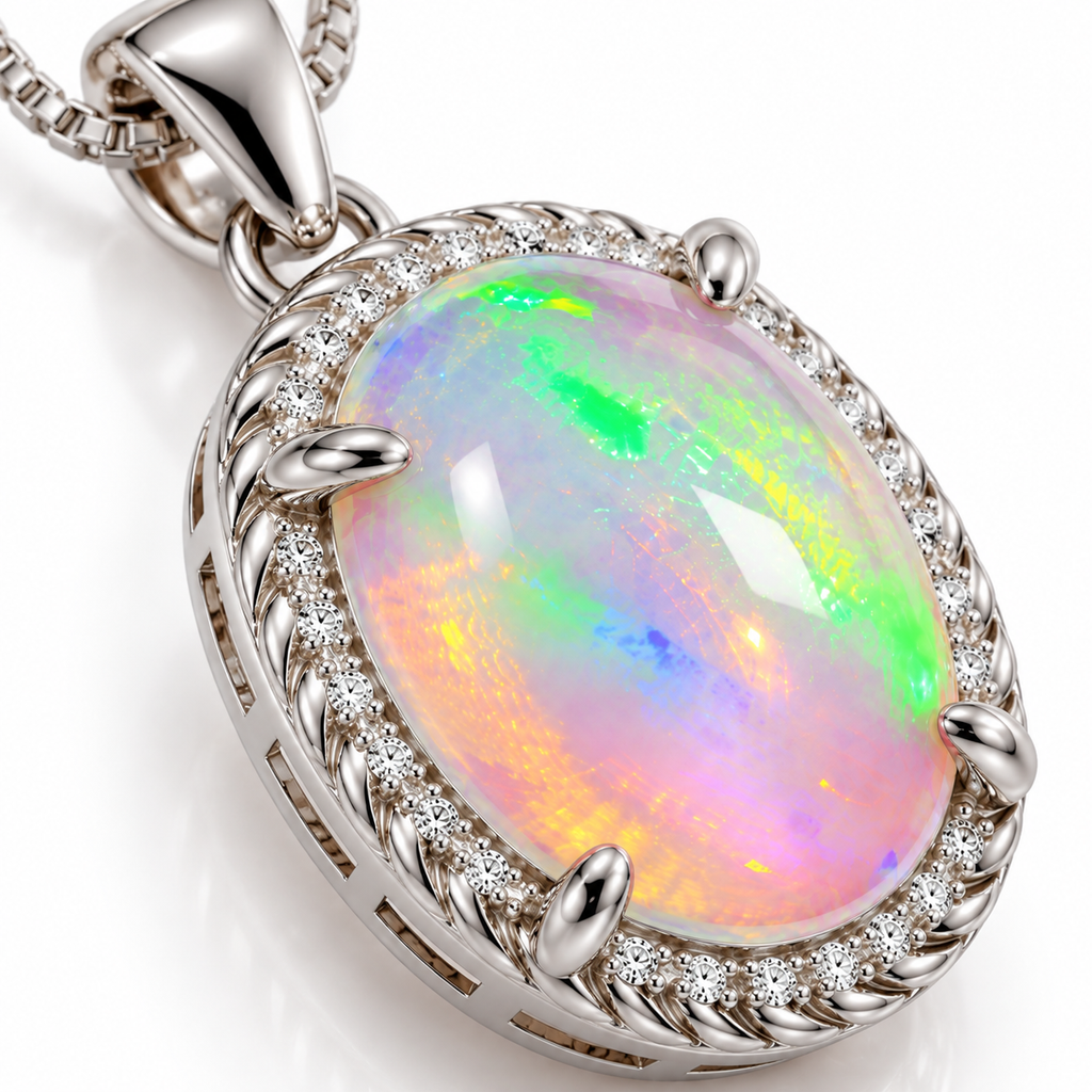 Close-up of natural 8x10mm oval fire opal showing green, yellow, orange, pink and blue play-of-color