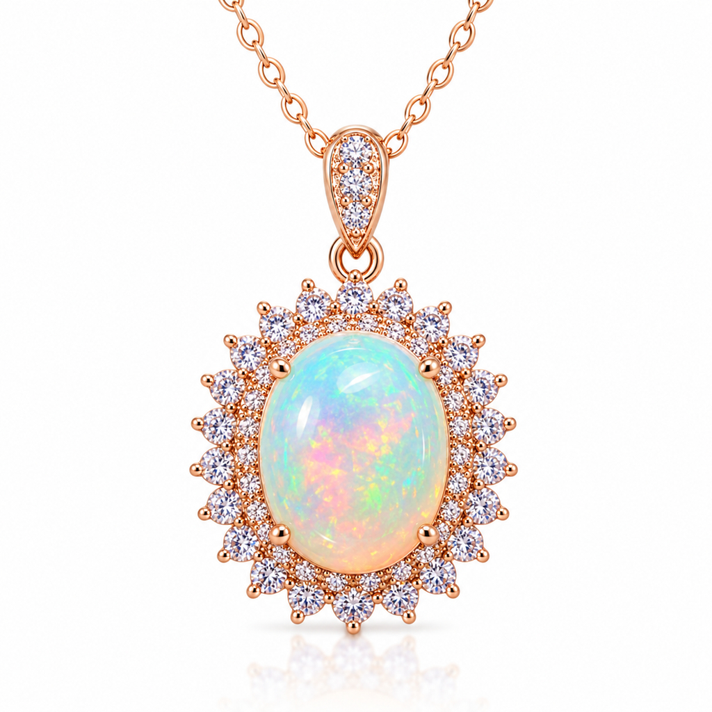 Natural 9x11mm oval fire opal pendant necklace in rose gold plated 925 sterling silver on a white background