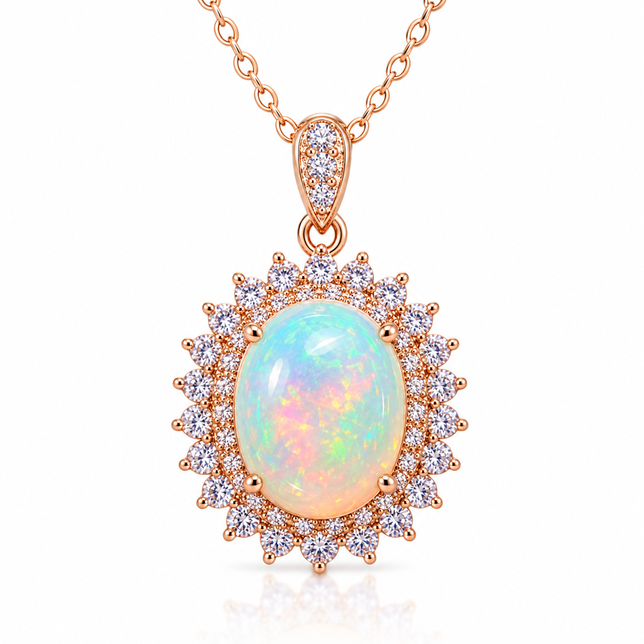 Natural 9x11mm oval fire opal pendant necklace in rose gold plated 925 sterling silver on a white background