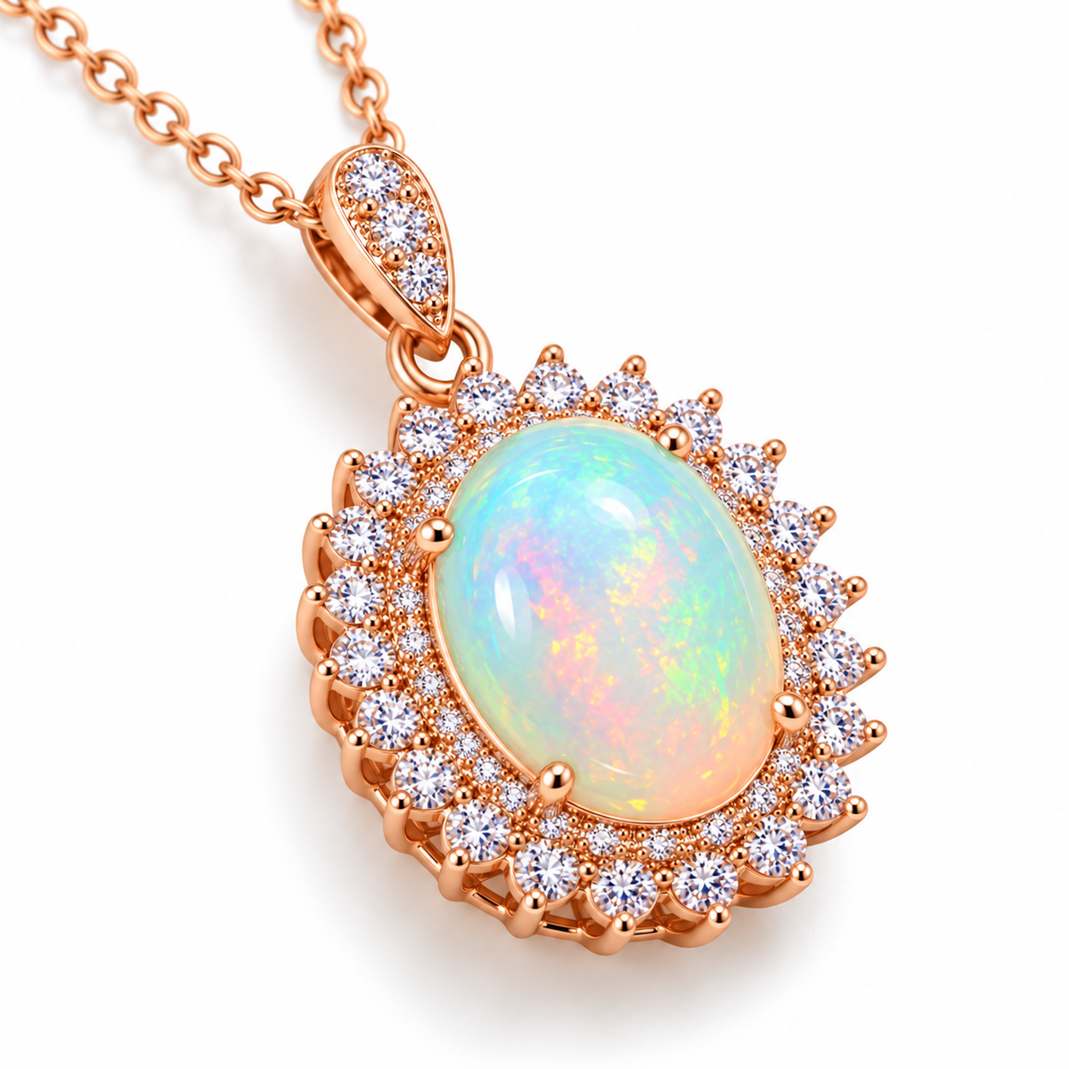 Angled view of natural 9x11mm oval fire opal halo pendant necklace with rose gold plated 925 sterling silver setting