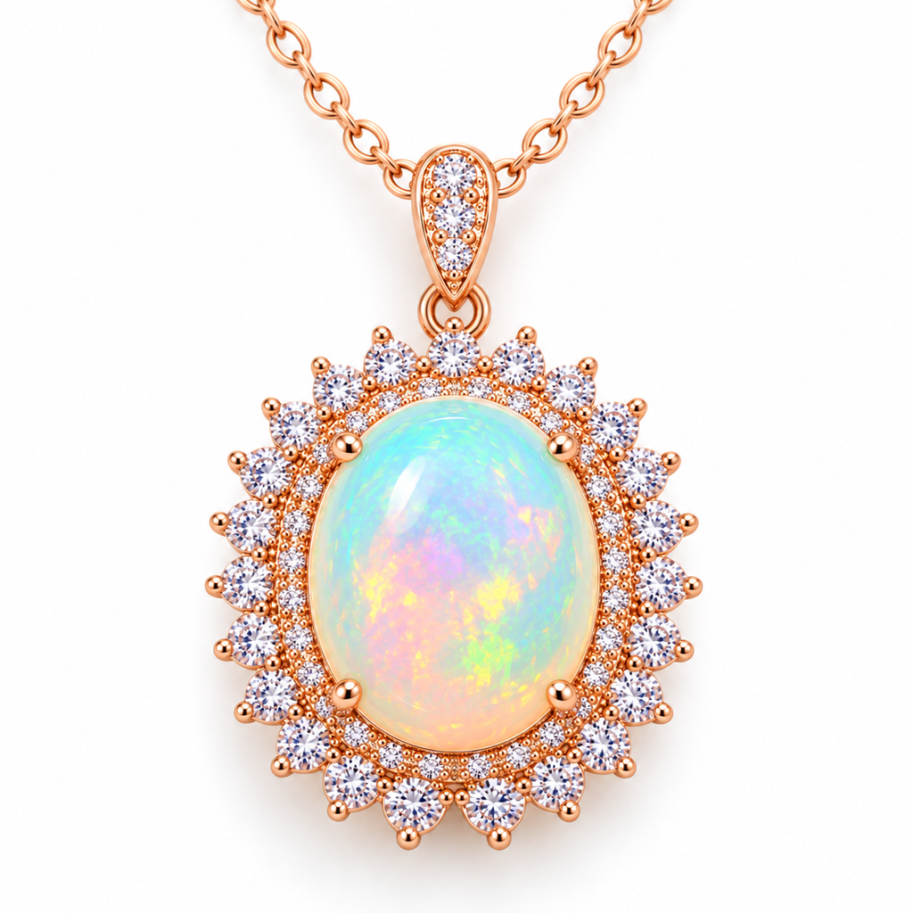Top view of colorful 9x11mm natural fire opal pendant necklace with sparkling halo and rose gold finish