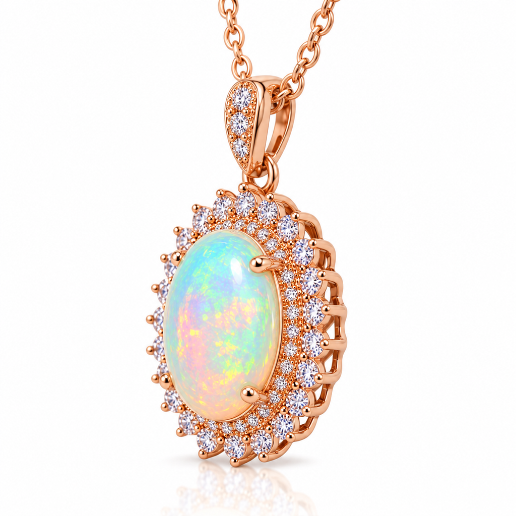 Side angle of 9x11mm natural oval fire opal pendant necklace showing the rose gold plated setting and halo detail