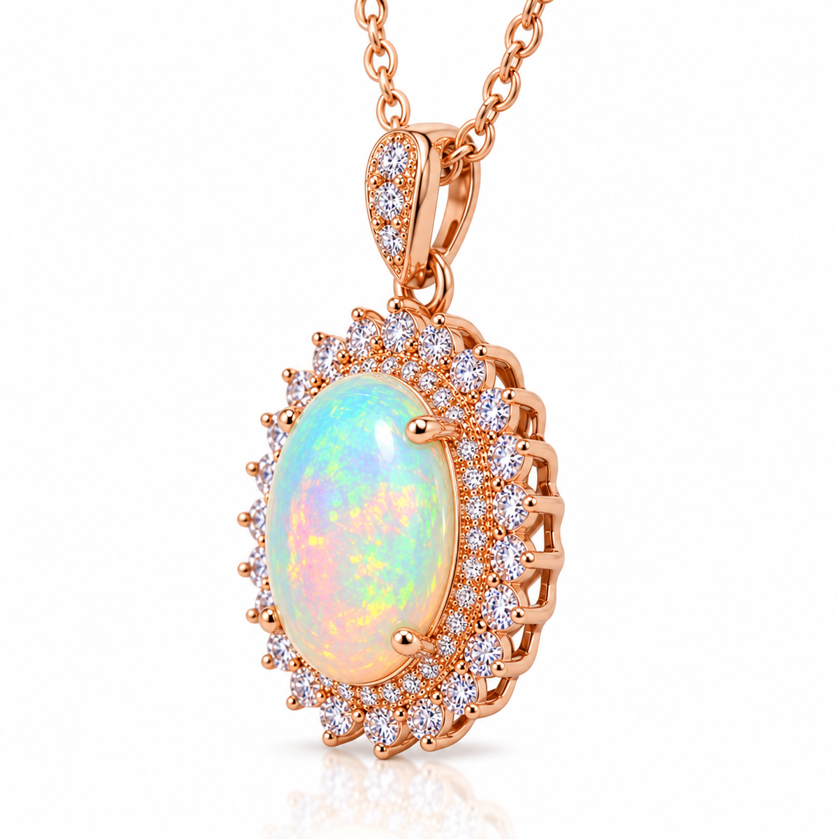 Side angle of 9x11mm natural oval fire opal pendant necklace showing the rose gold plated setting and halo detail