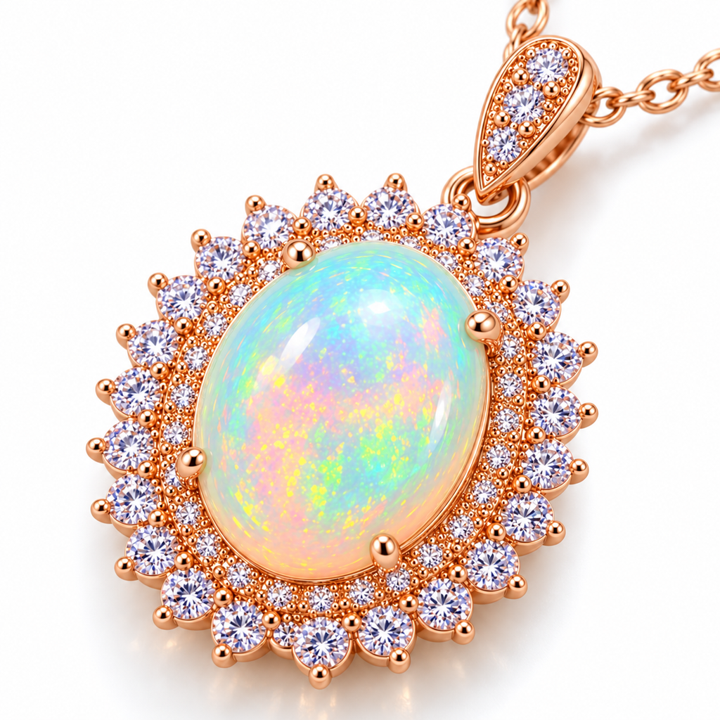 Close-up macro view of natural 9x11mm fire opal pendant showing colorful green pink yellow and blue play-of-color