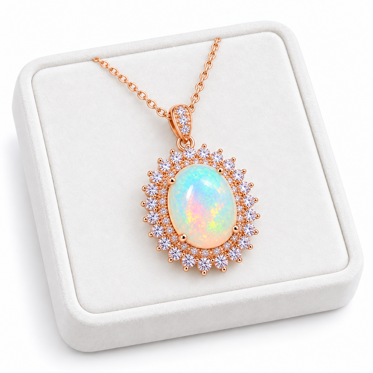 Natural 9x11mm oval fire opal pendant necklace displayed on a white velvet jewelry tray