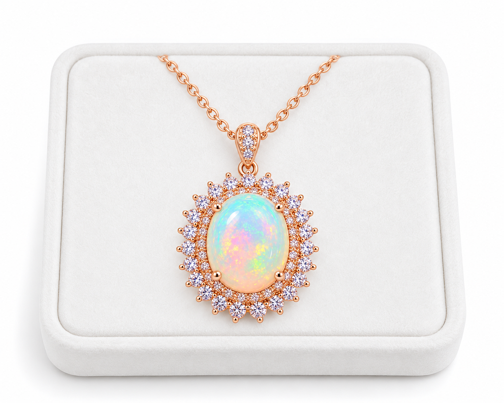 Natural 9x11mm oval fire opal pendant necklace displayed on a white velvet jewelry tray