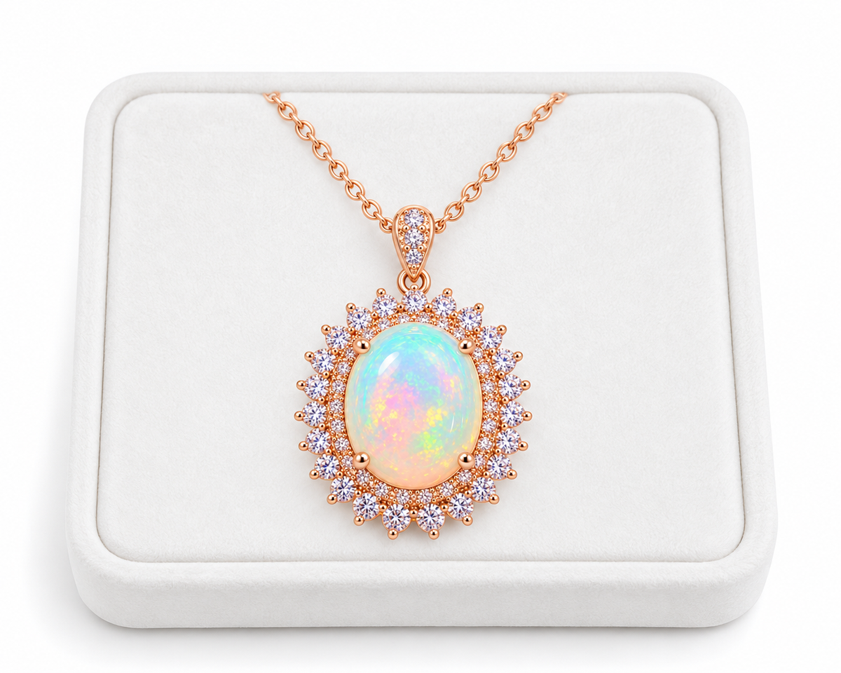 Natural 9x11mm oval fire opal pendant necklace displayed on a white velvet jewelry tray