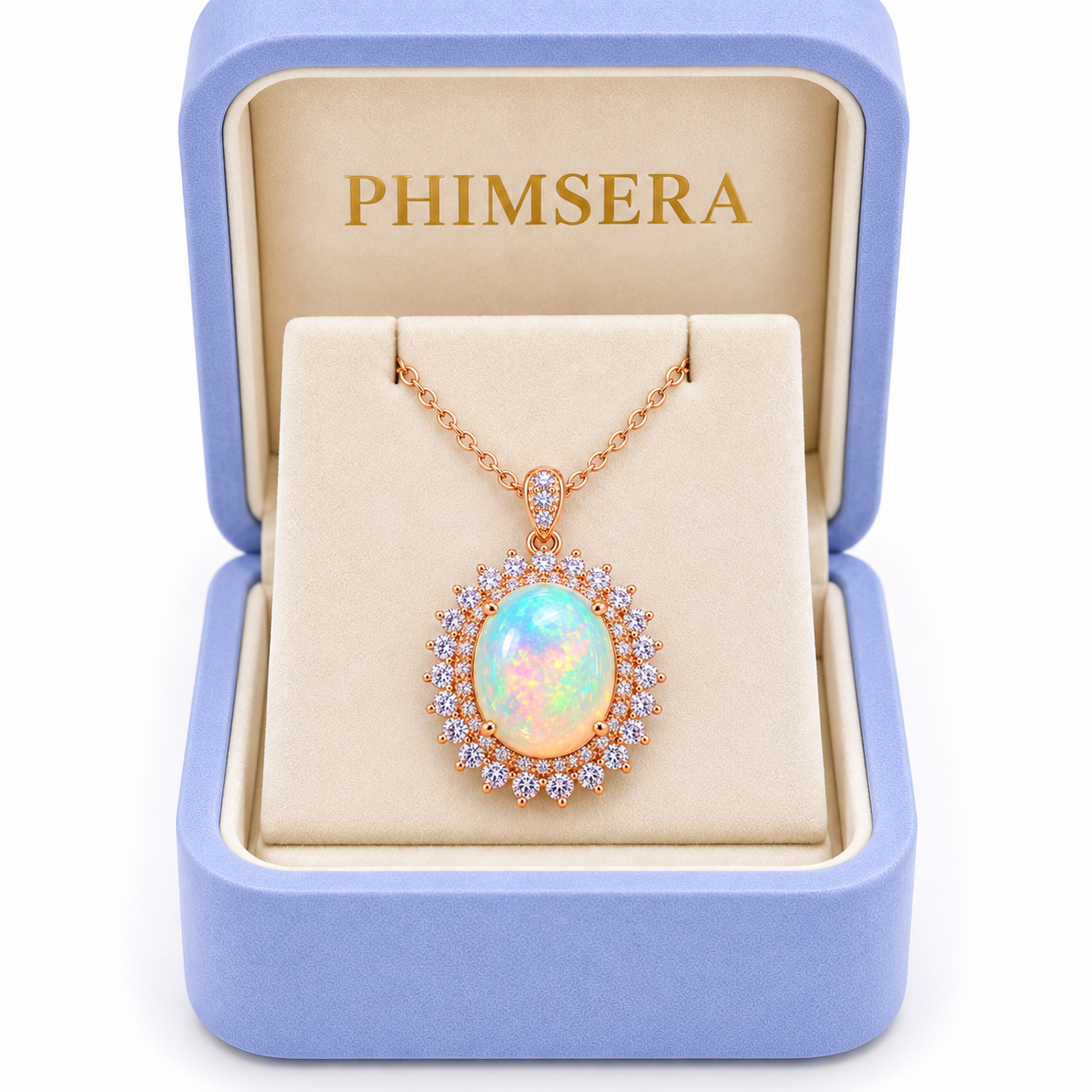 Phimsera natural 9x11mm fire opal pendant necklace displayed in a luxury periwinkle jewelry gift box