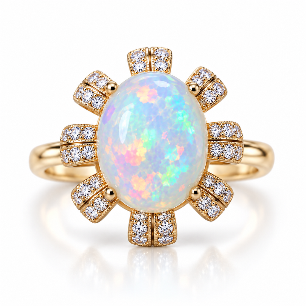 Natural 9x11mm oval fire opal ring in gold plated 925 sterling silver with floral gemstone halo