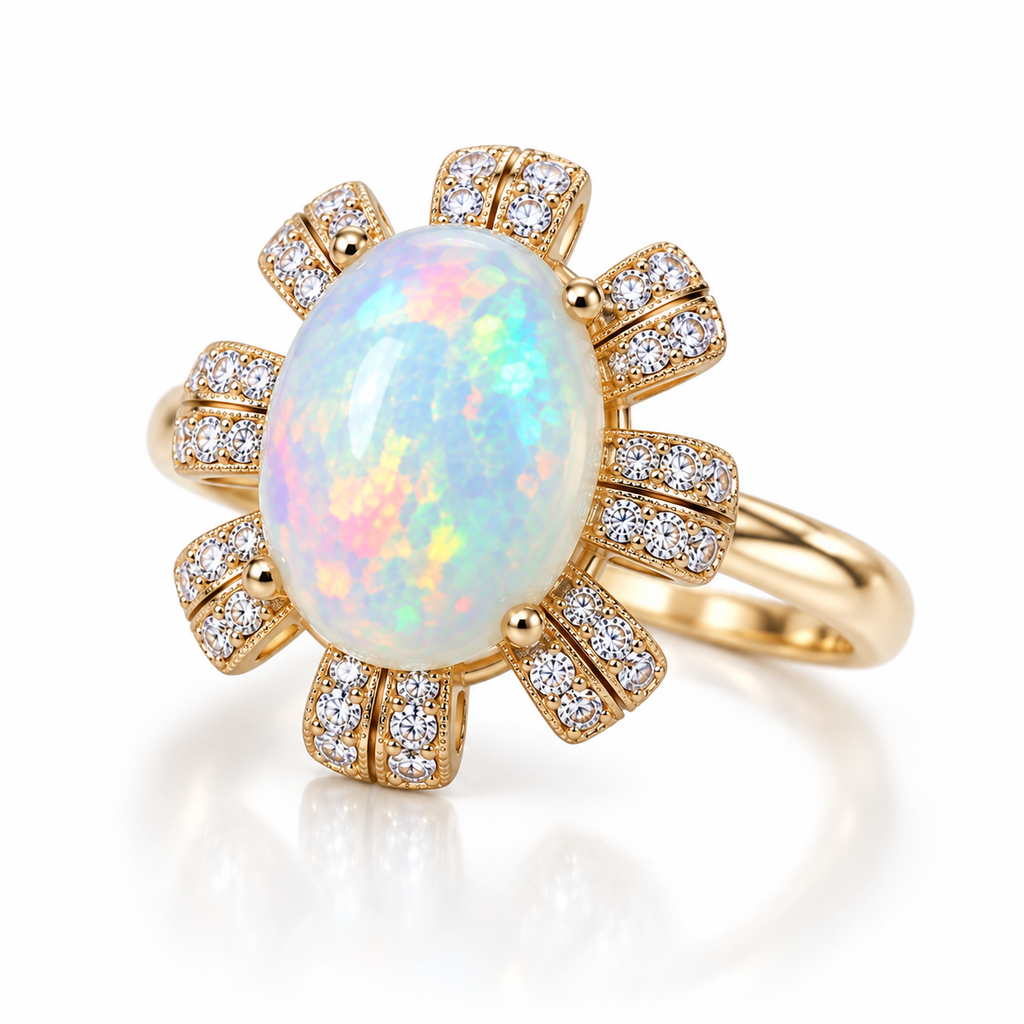 Natural 9x11mm oval fire opal ring shown at an elegant angle with sparkling floral accents