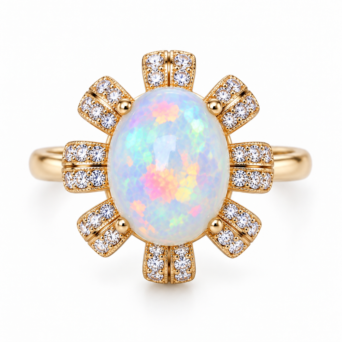 9x11mm oval natural fire opal ring showing the colorful gemstone and detailed sunburst halo