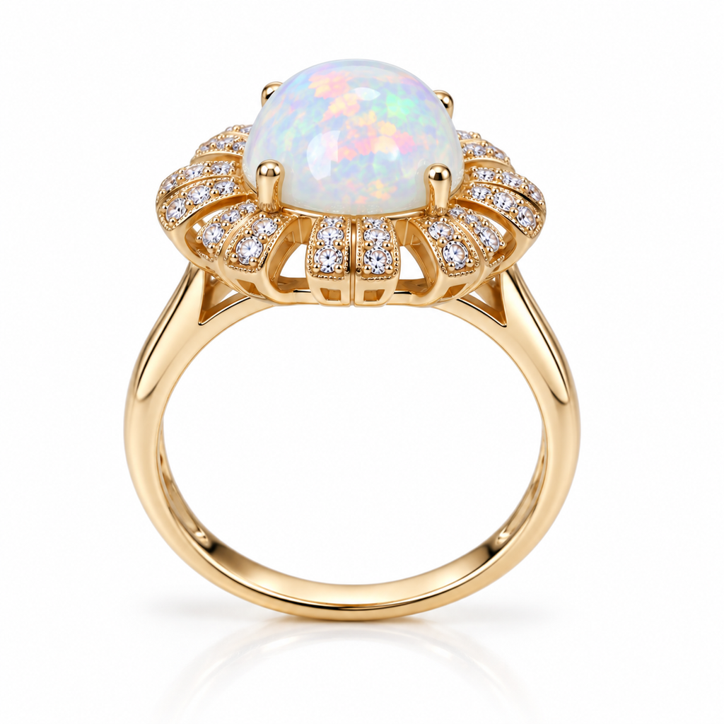 Side profile of a natural 9x11mm oval fire opal ring showing its raised gemstone setting and gold band