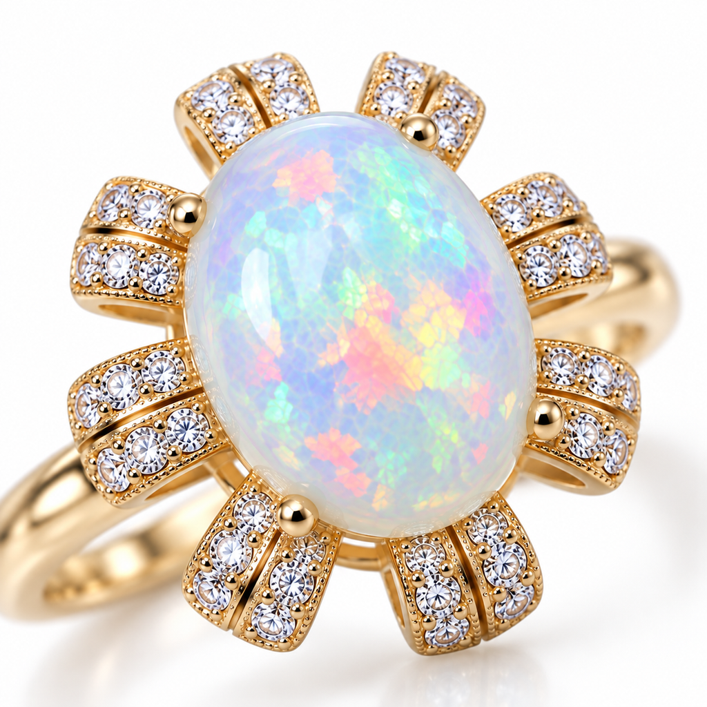 Close-up of a natural 9x11mm oval fire opal showing colorful pink, green, blue and peach play-of-color