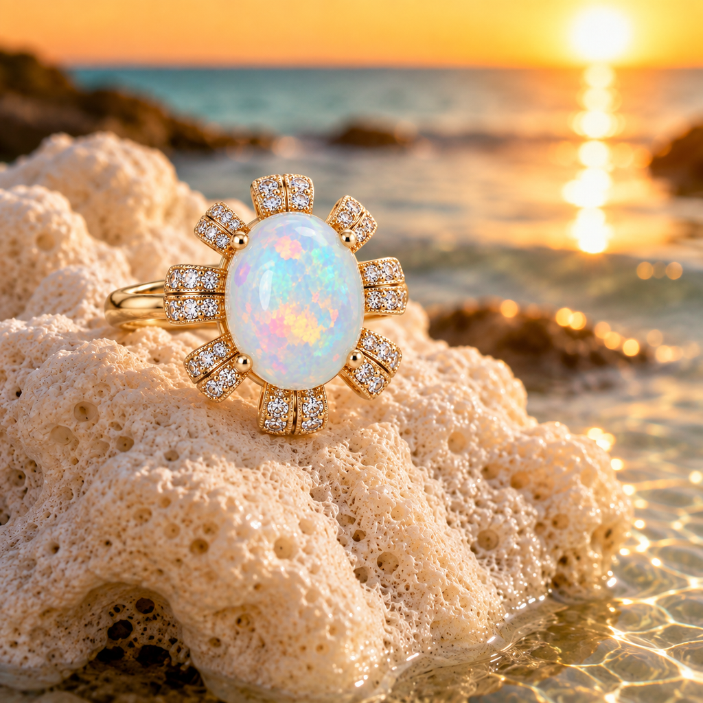 Natural 9x11mm fire opal ring displayed on coral beside the ocean at sunset