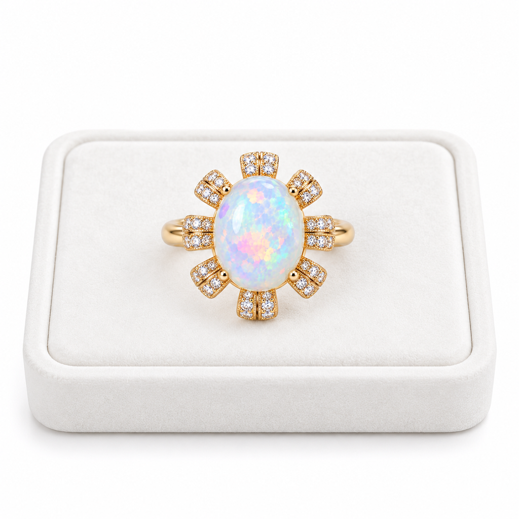 Natural 9x11mm oval fire opal ring displayed on a white velvet jewelry tray