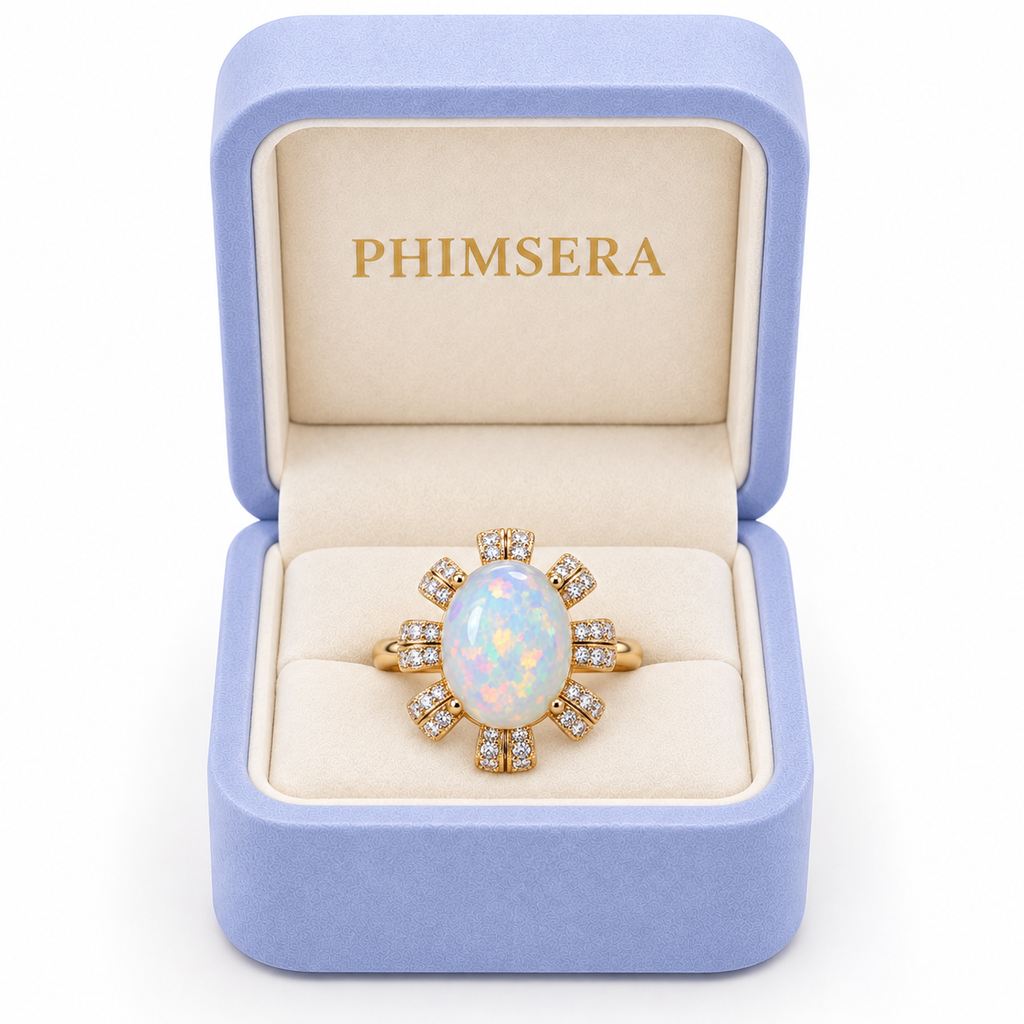 Phimsera 9x11mm natural fire opal ring presented in a lavender jewelry gift box