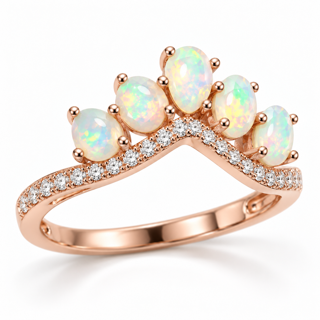 Angled view of 3x4mm natural fire opal ring with colorful oval opal gemstones
