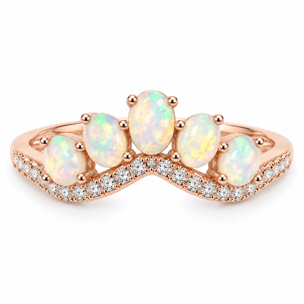 Natural fire opal ring featuring rounded oval gemstones with colorful natural play-of-color